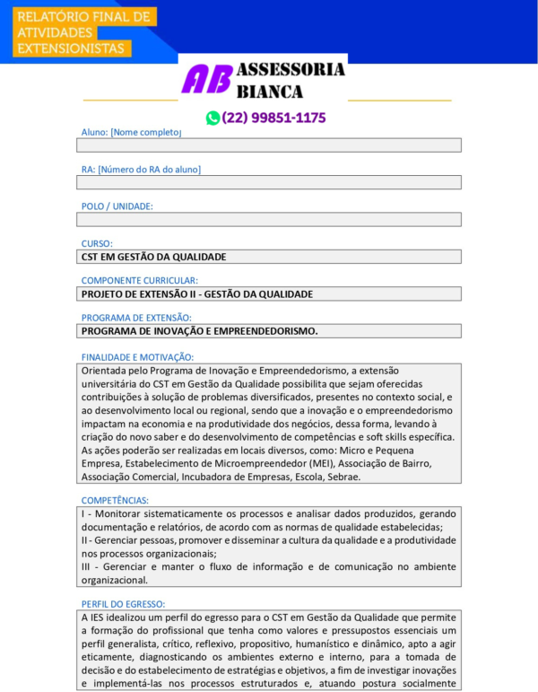 Projeto de extensão II - Gestão da Qualidade